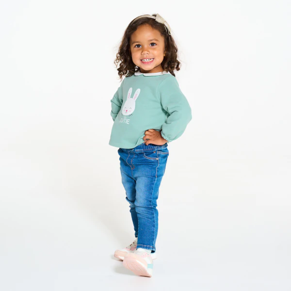 Baby girl's apple green striped fleece sweatshirt with embroidered apple