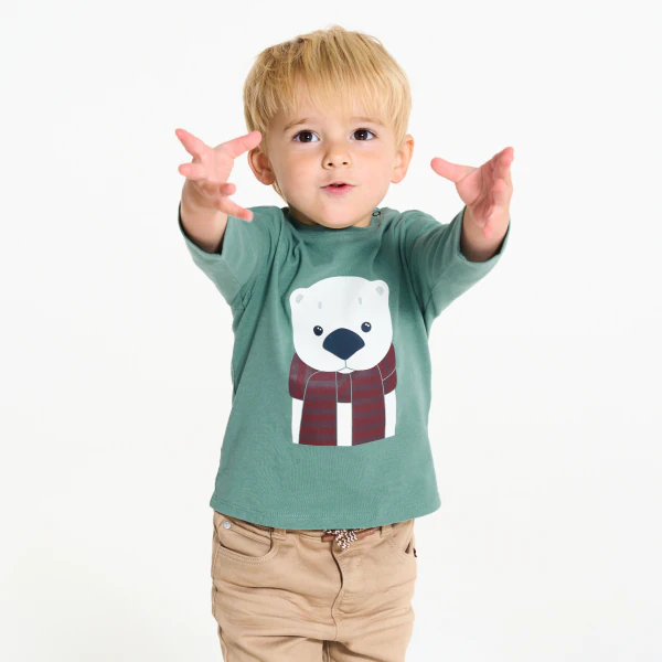 Baby boy's green long-sleeve bear-neck T-shirt