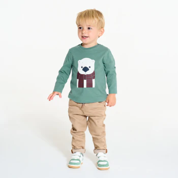 Baby boy's green long-sleeve bear-neck T-shirt