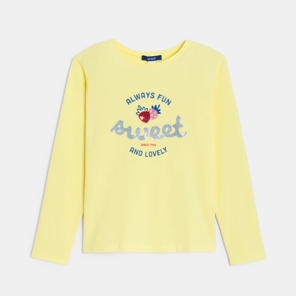 تيشيرت بطبعة عبارة من الترتر، باللون الأصفر للفتيات تيشيرت بطبعة عبارة من الترتر، باللون الأصفر للفتيات