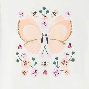 تيشيرت من القطن بأكمام طويلة، مزين برسوم الفراشات، باللون الأبيض للفتيات الصغيرات