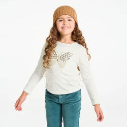 تيشيرت مزين بفراشة مطرزة بالترتر باللون الأبيض للفتيات