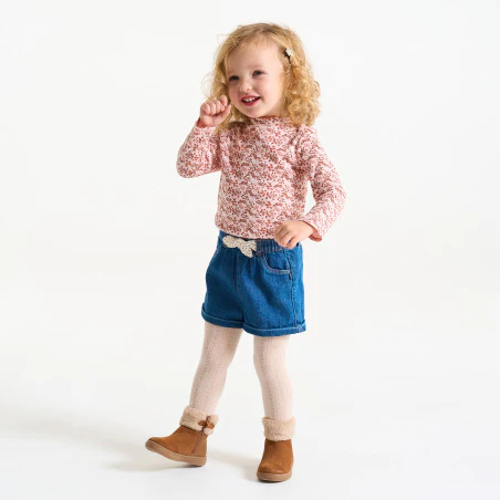 Baby girl's pink printed flat rib T-shirt with wavy collar