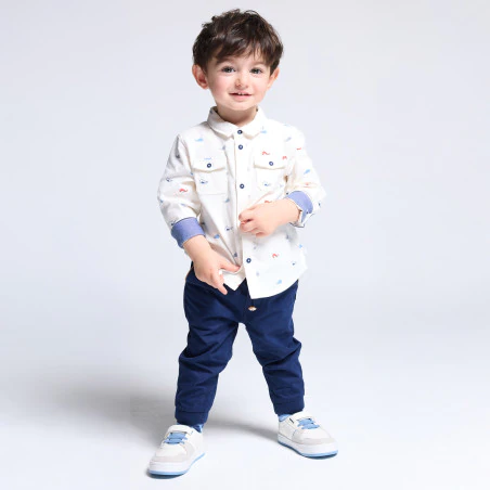 Baby boy's white corduroy shirt with whales on