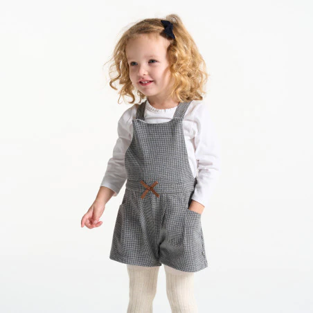 Baby girl's warm patterned overall-shorts and grey T-shirt