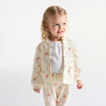 Baby girl's beige printed fleece baseball jacket