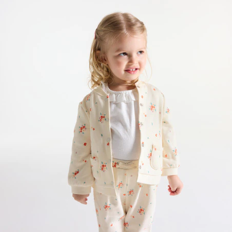 Baby girl's beige printed fleece baseball jacket