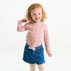 Baby girl's pink printed flat rib T-shirt with wavy collar